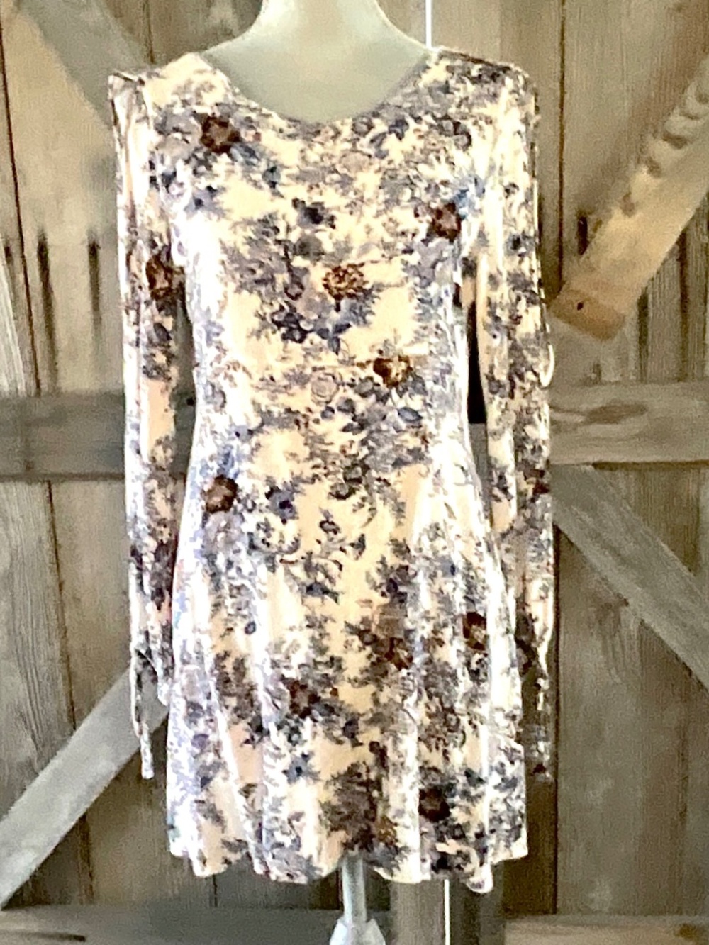AEO Boho Botanical Print Dress Medium Cream Blue Brown Slit Sleeve Empire Waist